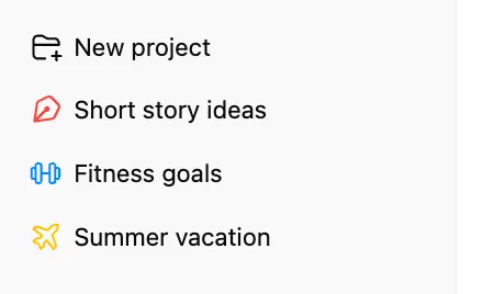 ChatGPT sidebar project list with New project and example projects Short story ideas, Fitness goals, and Summer vacation