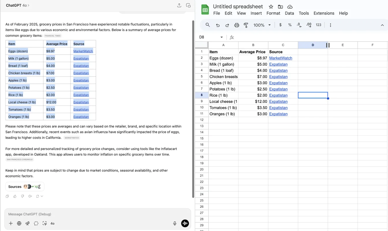 ChatGPT 4o research response with a grocery price table copied into Google Sheets