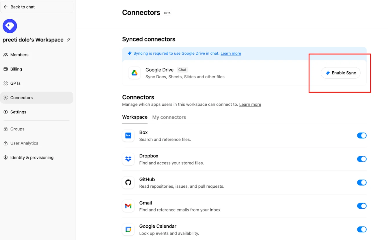 Connectors page with Google Drive sync prompt and Enable Sync button highlighted