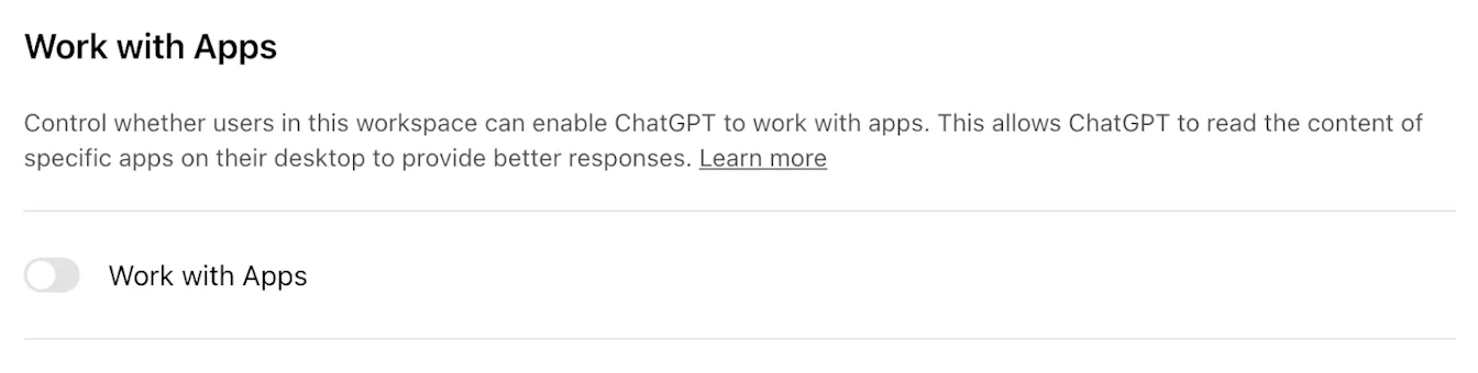 Workspace setting for Work with Apps with the toggle turned off