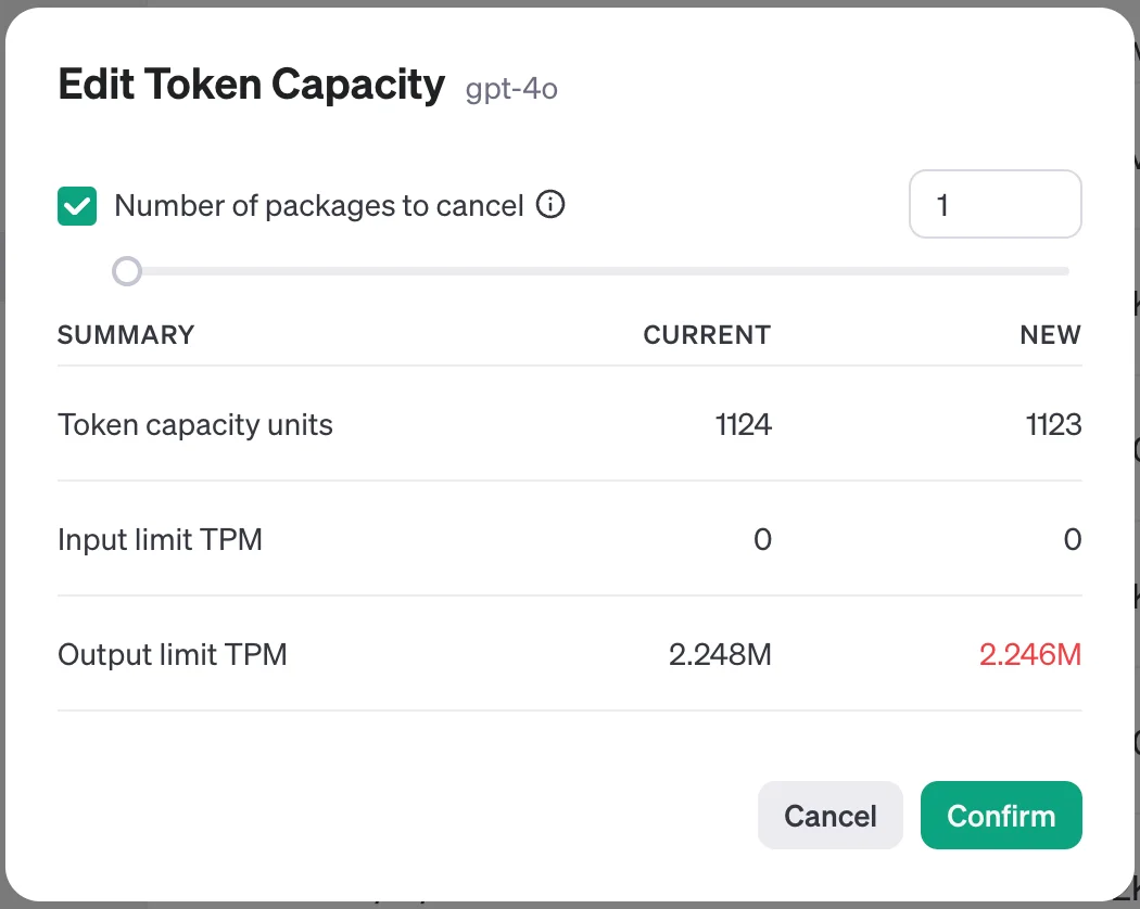 Edit Token Capacity dialog for gpt-4o canceling 1 package and reducing output limit TPM from 2.248M to 2.246M