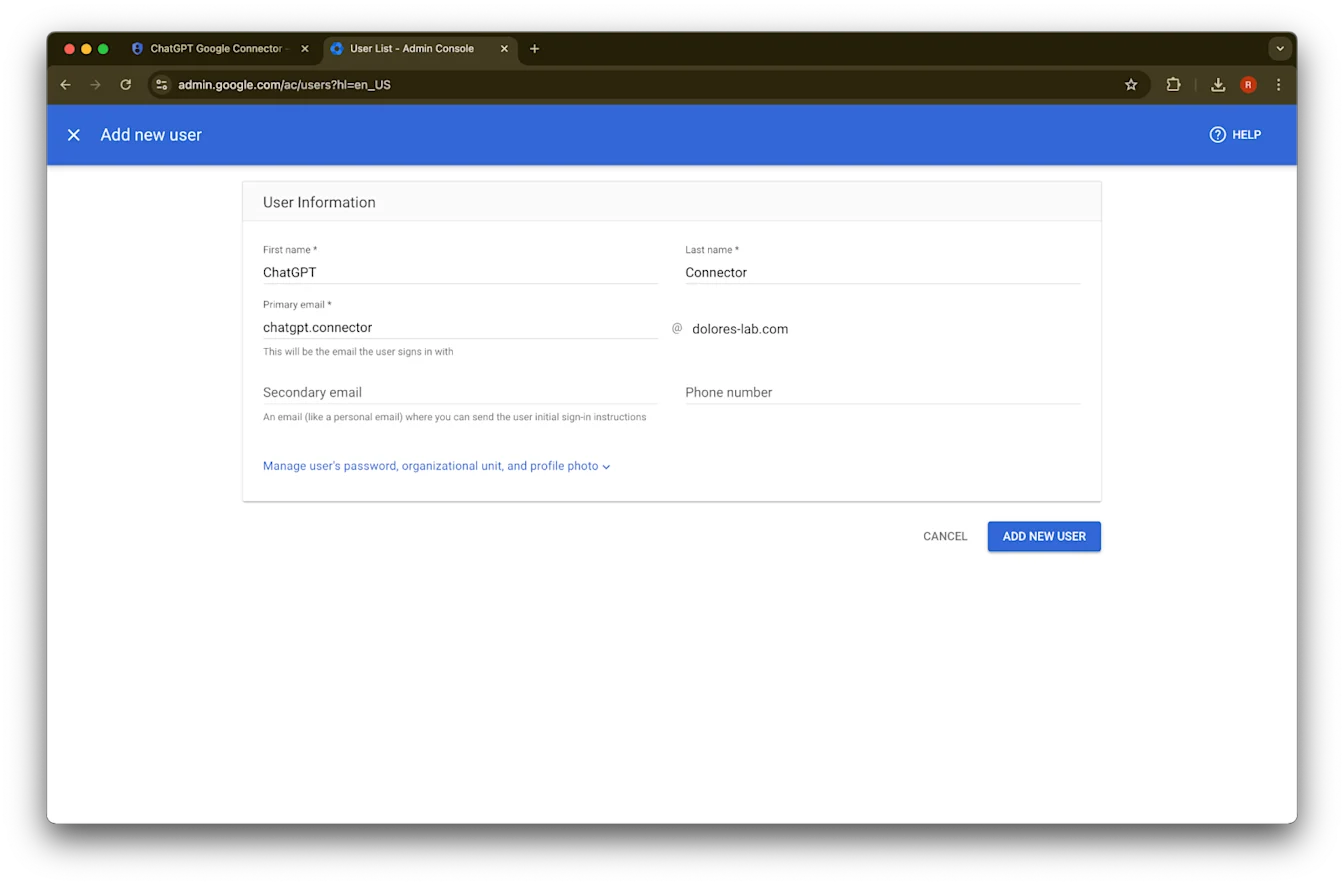 Google Admin console Add new user form filled for a ChatGPT Connector account