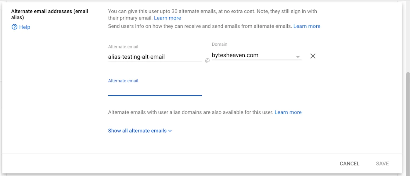 Google Workspace Admin alternate email alias form with alias-testing-alt-email on bytesheaven.com