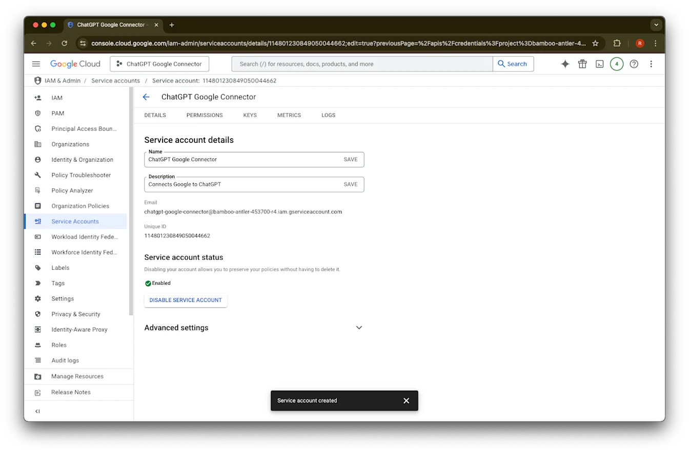 Google Cloud IAM service account details for ChatGPT Google Connector, enabled after creation