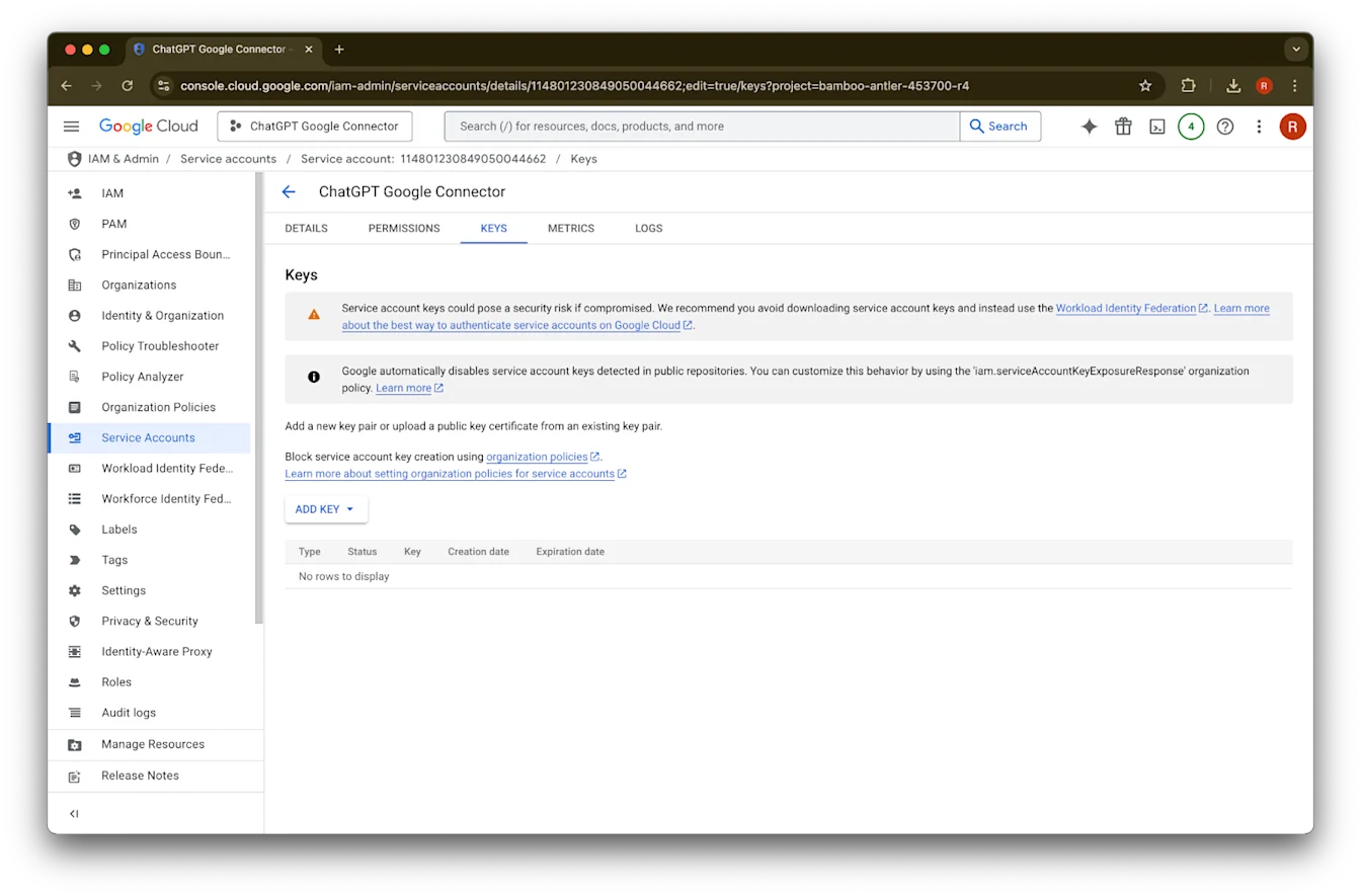 Google Cloud service account Keys tab for ChatGPT Google Connector with Add Key button