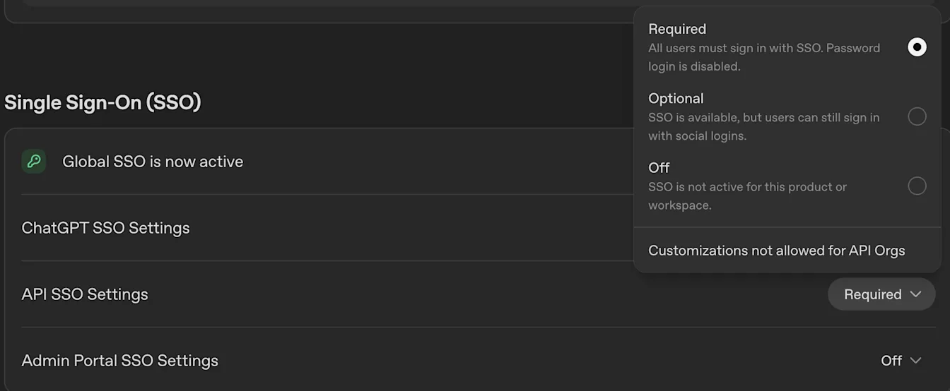 Global Admin Console Single Sign-On settings with API SSO set to Required