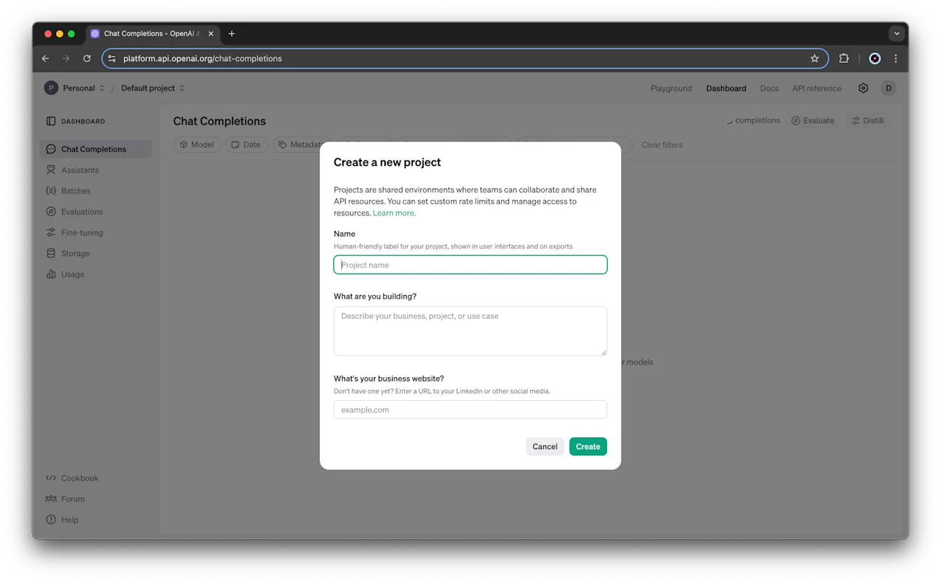 Create a new project dialog in the API platform with fields for project name, use case, and business website