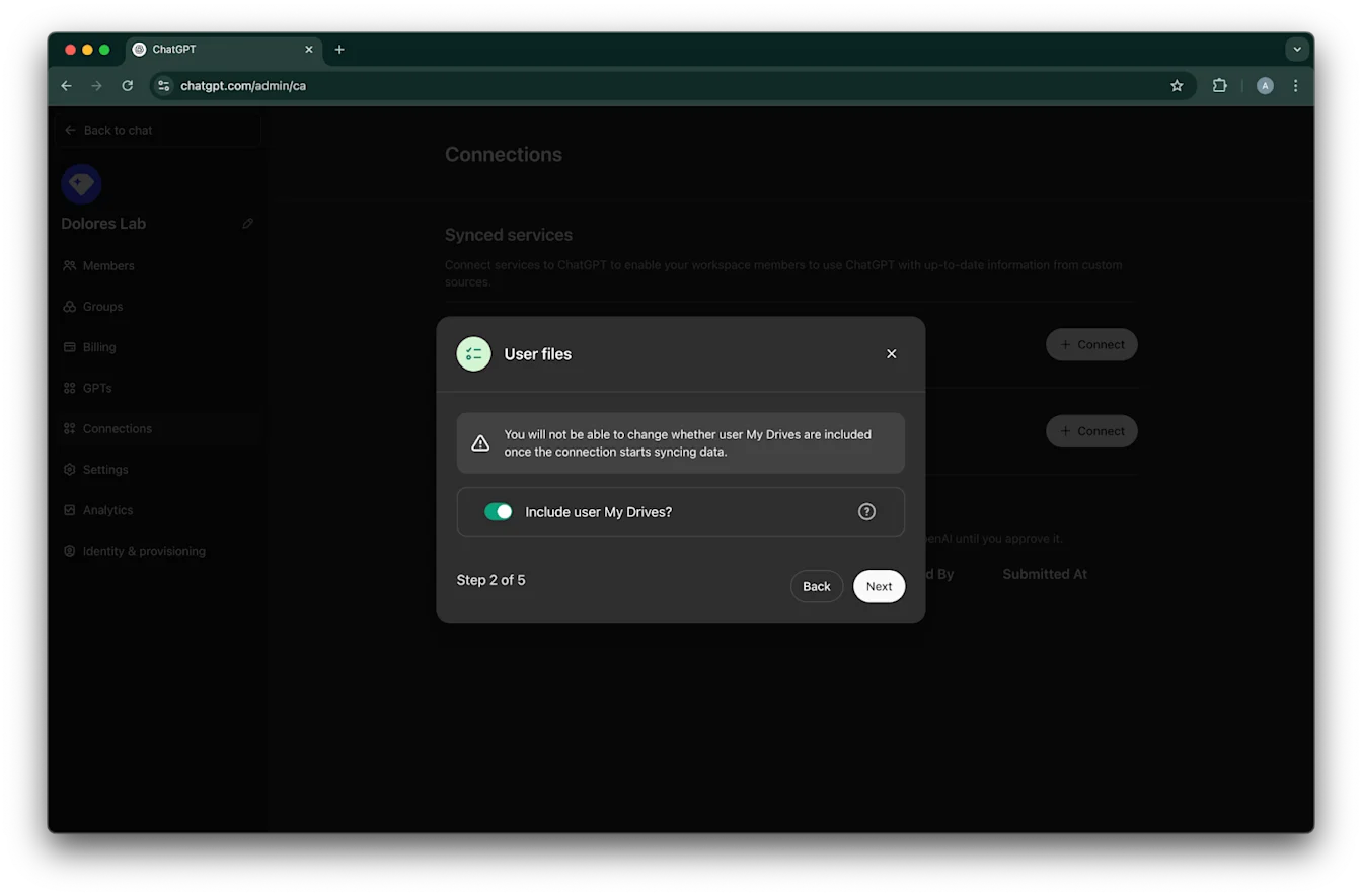 ChatGPT admin Connections modal for User files with Include user My Drives enabled in step 2 of 5