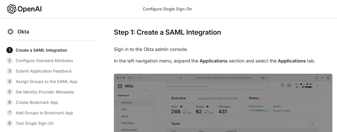 OpenAI Configure Single Sign-On page with Okta selected and step 1 Create a SAML Integration