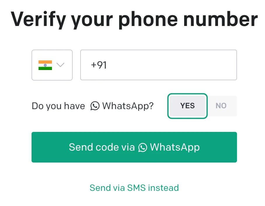 Phone verification form with India country code selected and WhatsApp delivery set to Yes