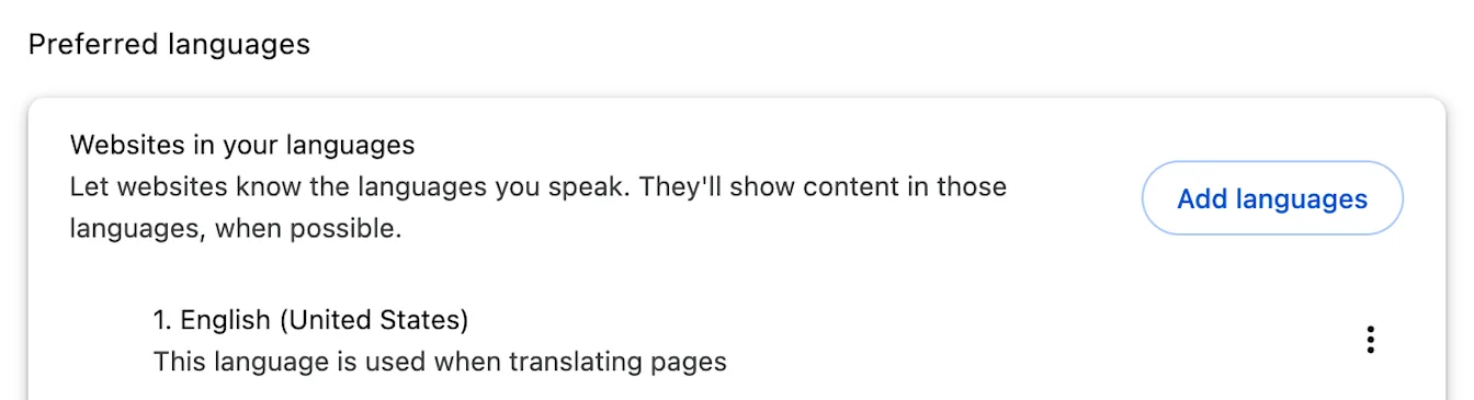 Preferred languages settings with English (United States) listed and an Add languages button