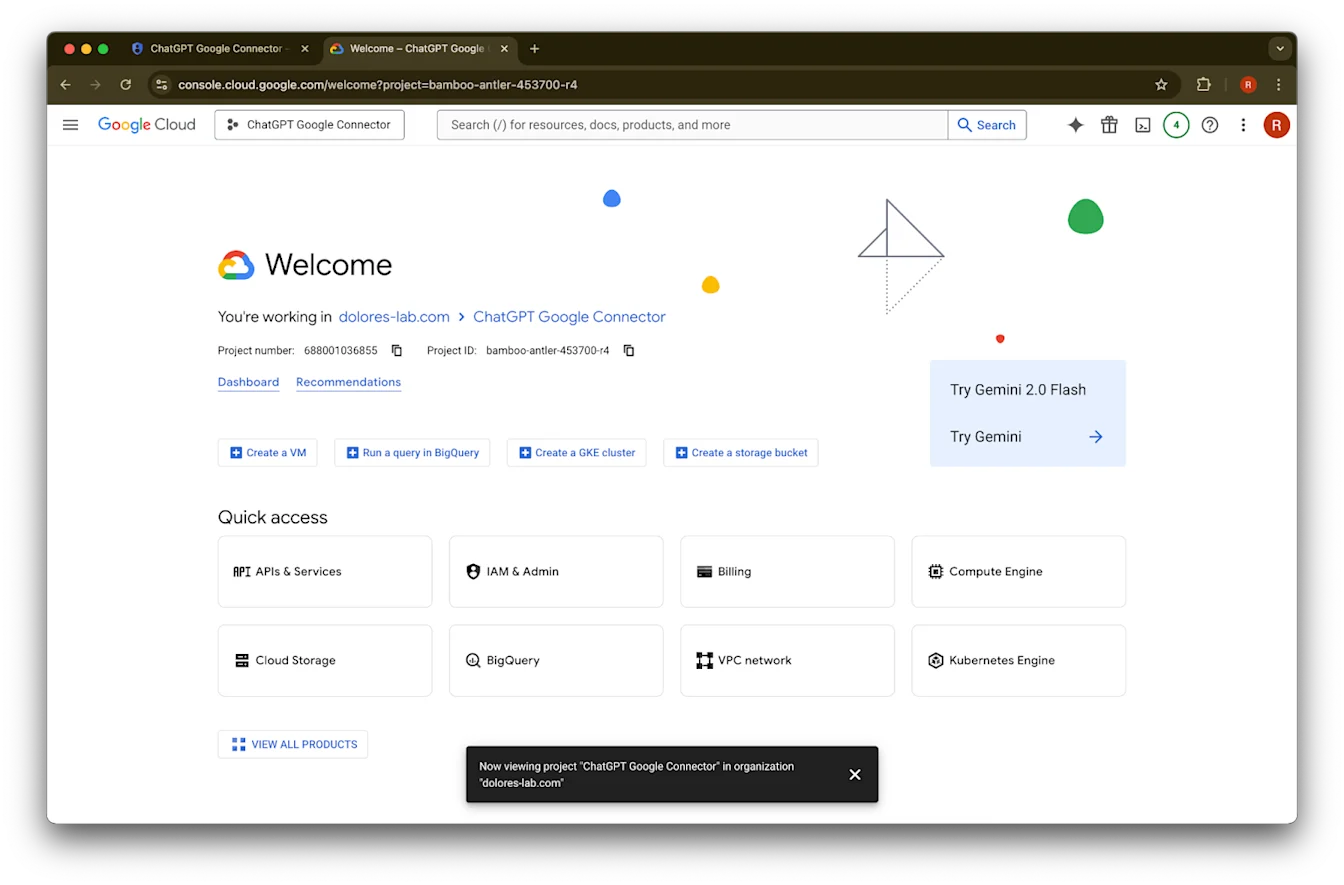 Google Cloud welcome page for the ChatGPT Google Connector project