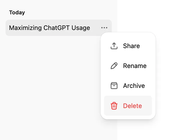 ChatGPT chat options menu with Archive and Delete actions for a conversation
