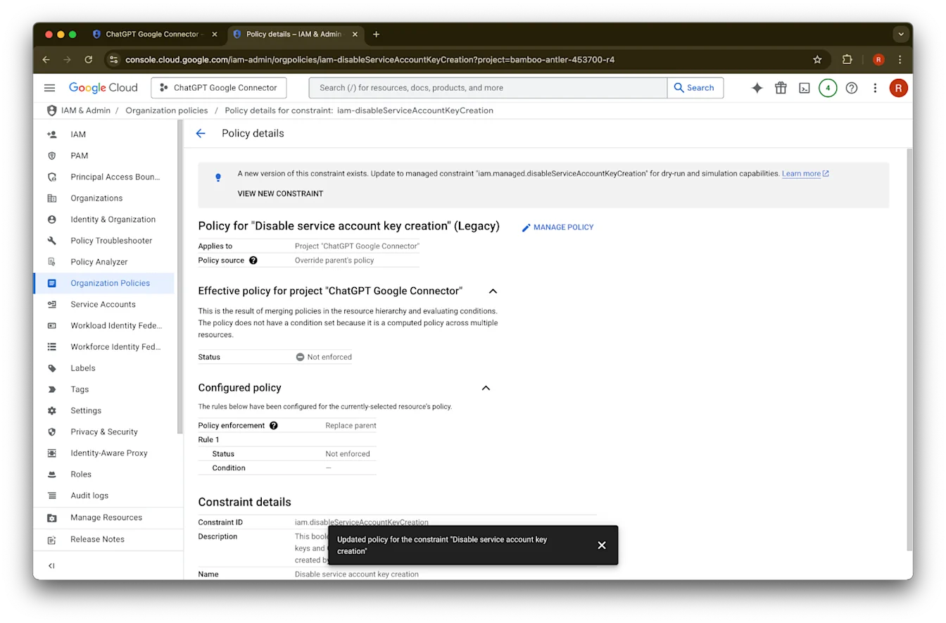 Google Cloud policy details with Disable service account key creation set to Not enforced