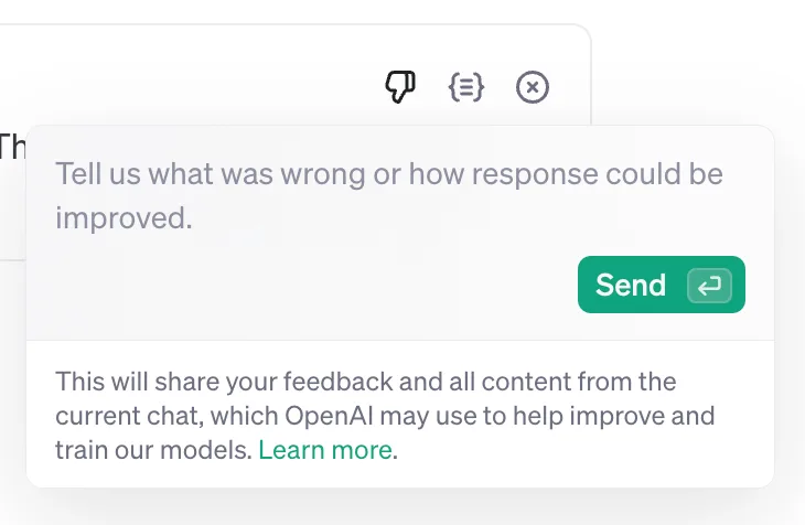 ChatGPT feedback form noting OpenAI may use the current chat to improve and train models