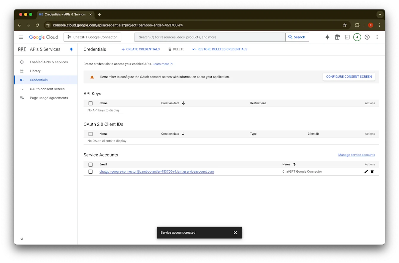 Google Cloud Credentials page listing the newly created ChatGPT Google Connector service account