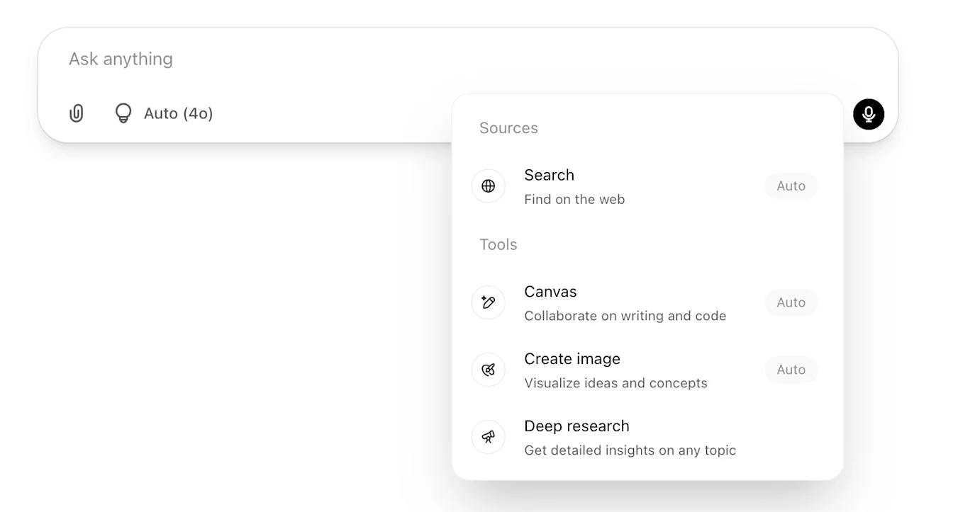 ChatGPT composer source picker with Search listed under Sources and set to Auto