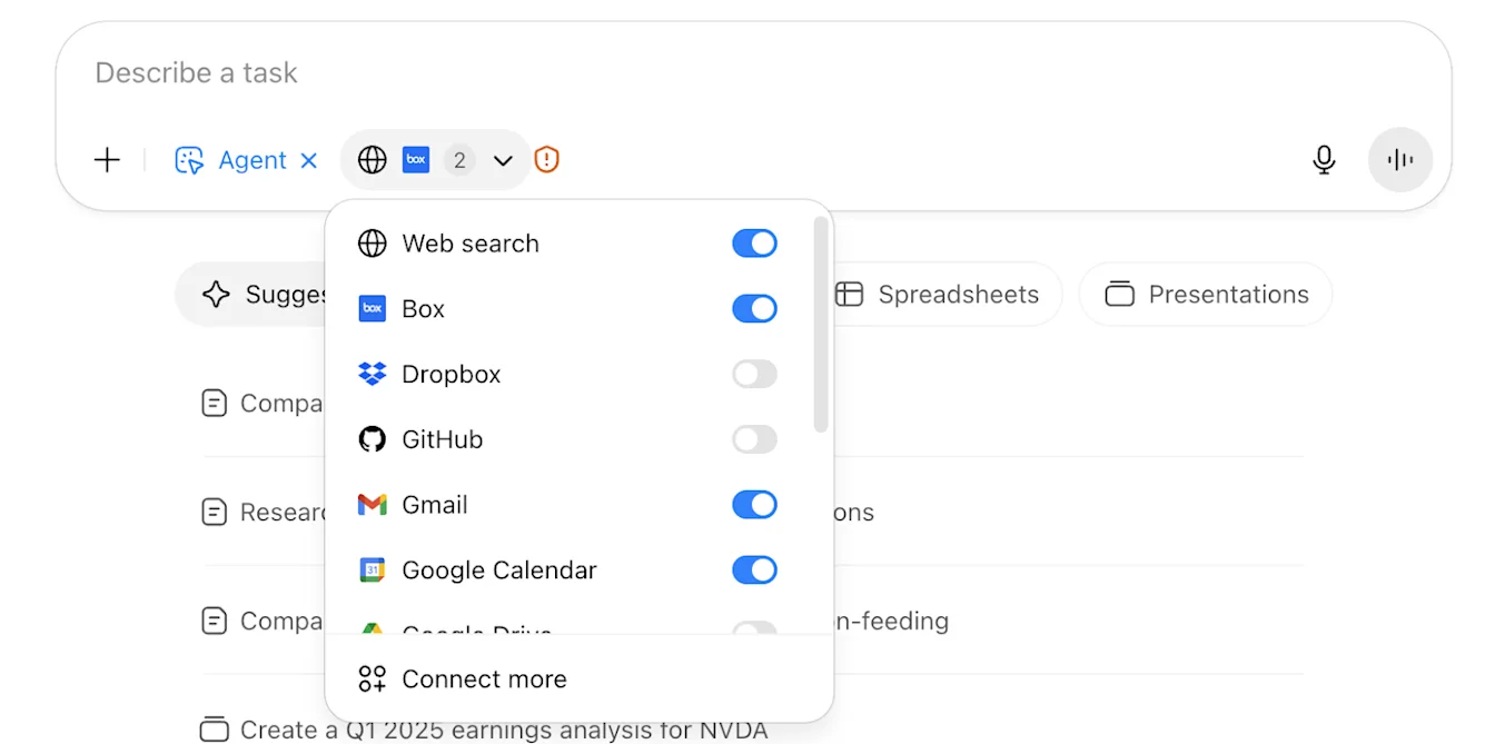 ChatGPT Agent composer with connectors menu open and Web search, Box, Gmail, and Google Calendar enabled