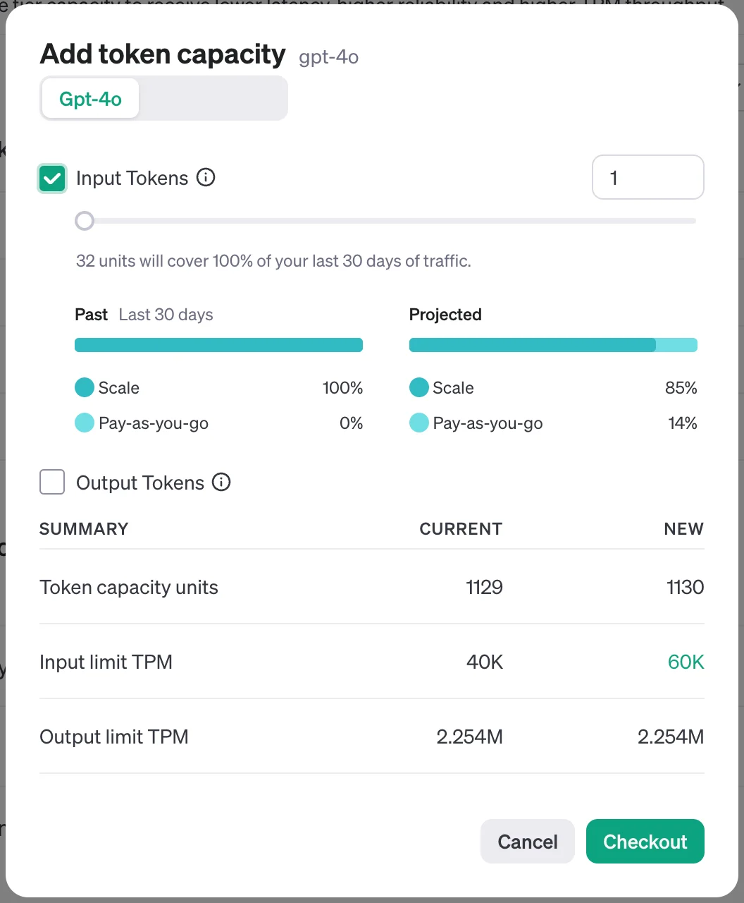 Add token capacity dialog for gpt-4o with Input Tokens selected and input limit increasing from 40K to 60K