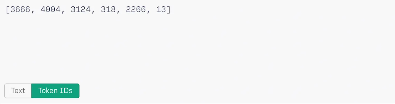 Token ID output as a list of integers with the Token IDs tab selected