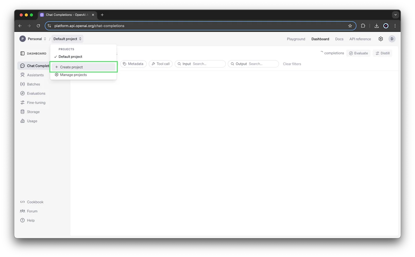 API platform project menu with Create project highlighted under Default project