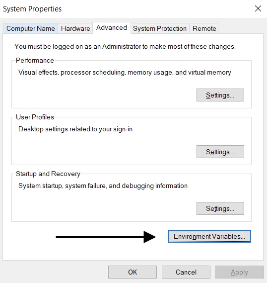 Windows System Properties Advanced tab with Environment Variables button highlighted