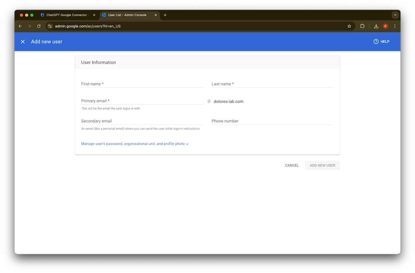 Google Admin console Add new user form for creating a Workspace user at dolores-lab.com