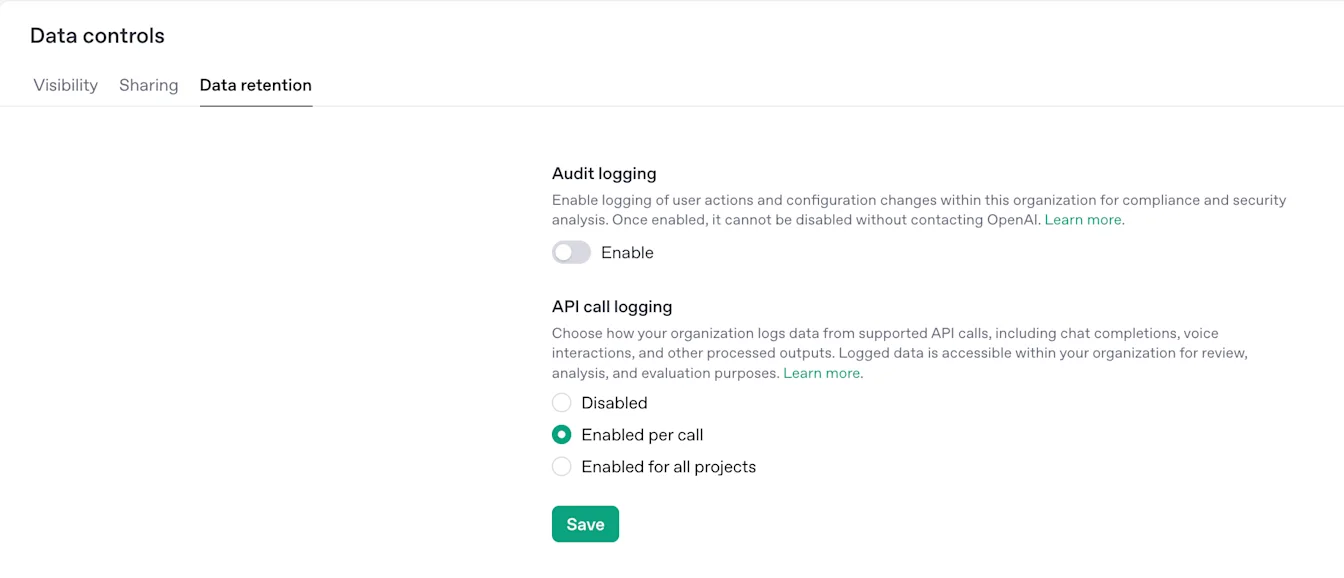 Data controls Data retention tab with API call logging set to Enabled per call