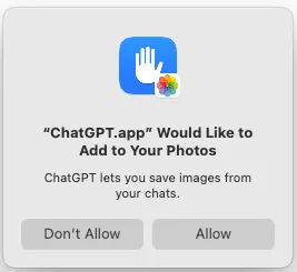 macOS Photos permission dialog asking to allow ChatGPT.app to add images to your Photos