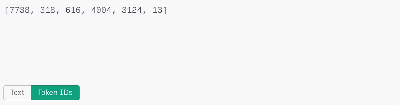 Tokenizer output with Token IDs selected and a list of token ID numbers