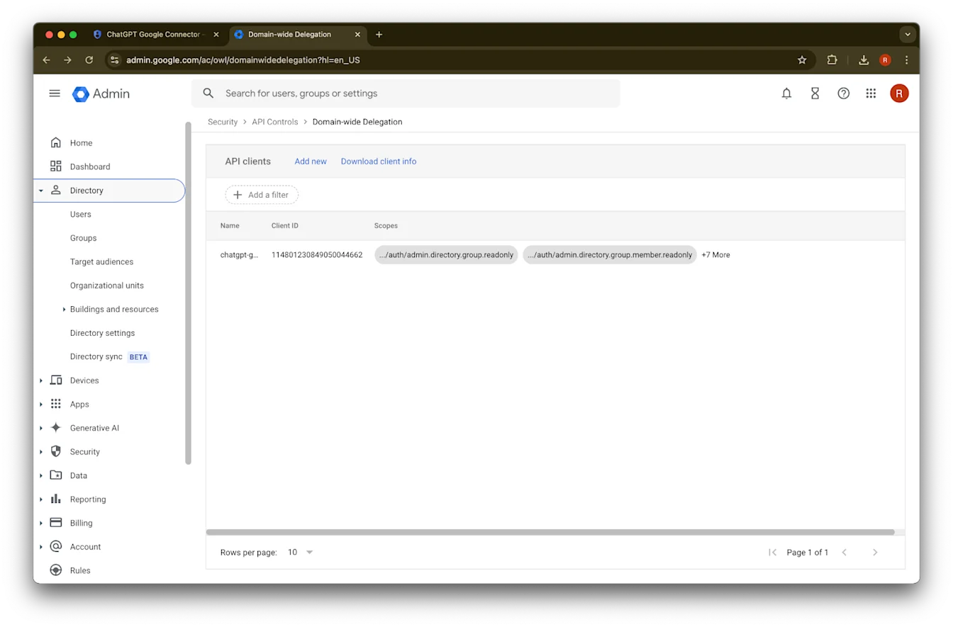 Google Admin domain-wide delegation page listing a ChatGPT Google Connector API client and scopes
