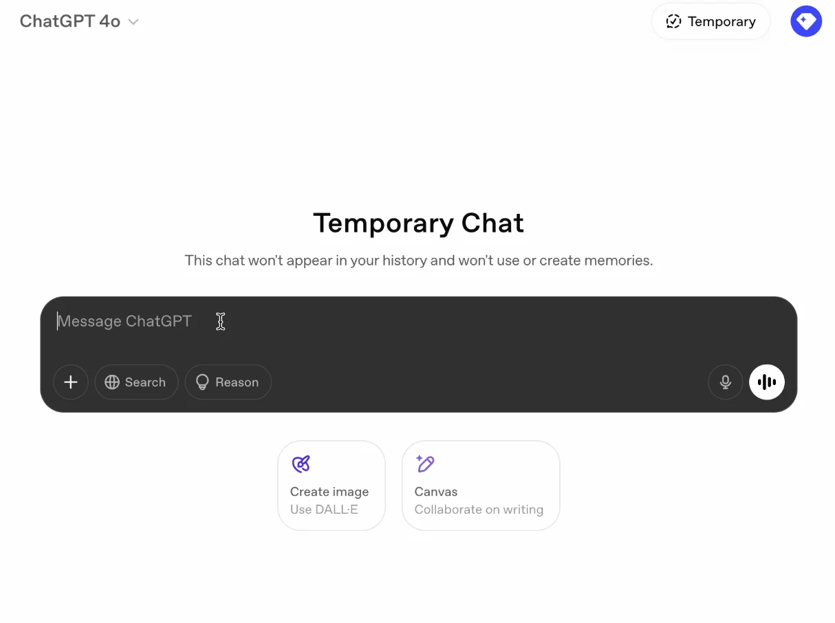 ChatGPT Temporary Chat mode active, noting chats are not saved to history or memory
