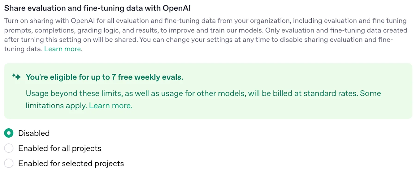 Evaluation and fine-tuning data sharing setting with Disabled selected and a notice about 7 free weekly evals
