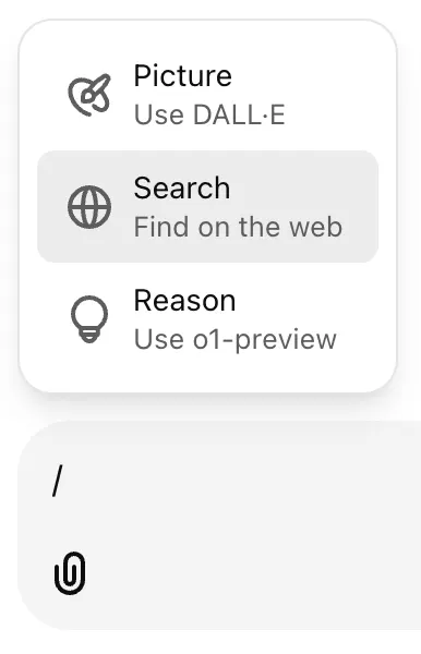 ChatGPT mode menu with Search selected as Find on the web