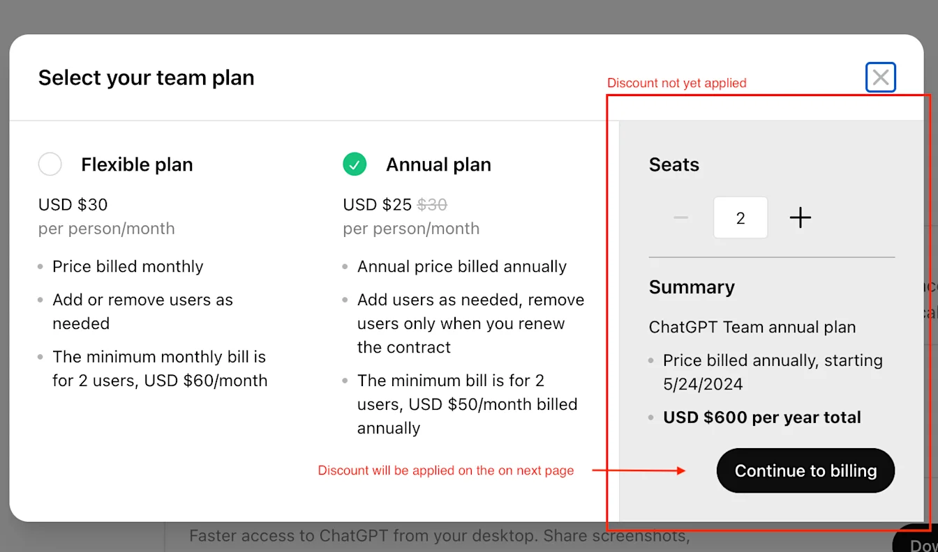 Team plan checkout with Annual plan selected and note that the nonprofit discount is applied on the next page