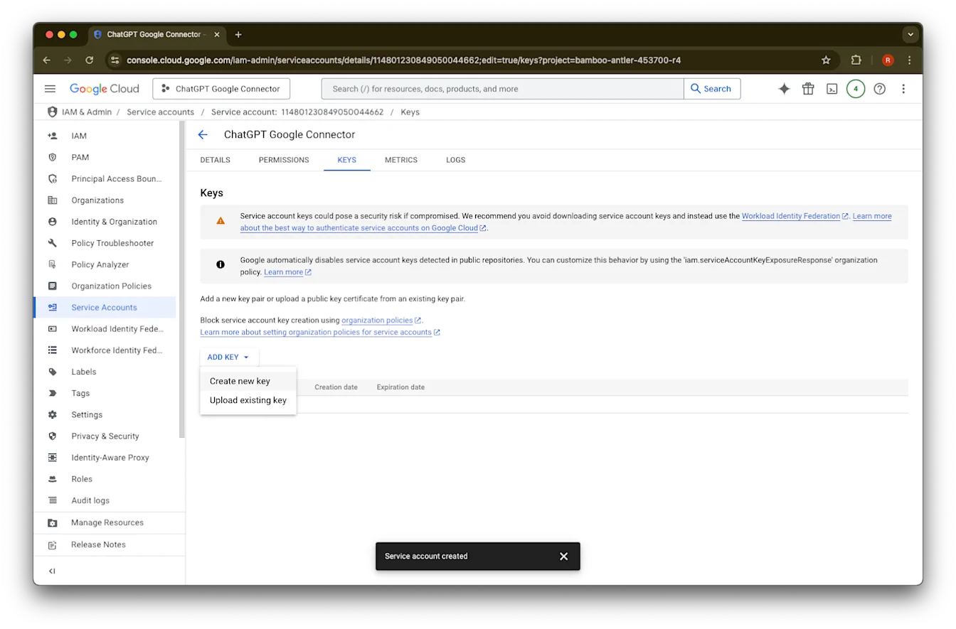 Google Cloud service account Keys tab with Add key menu open to create or upload a key