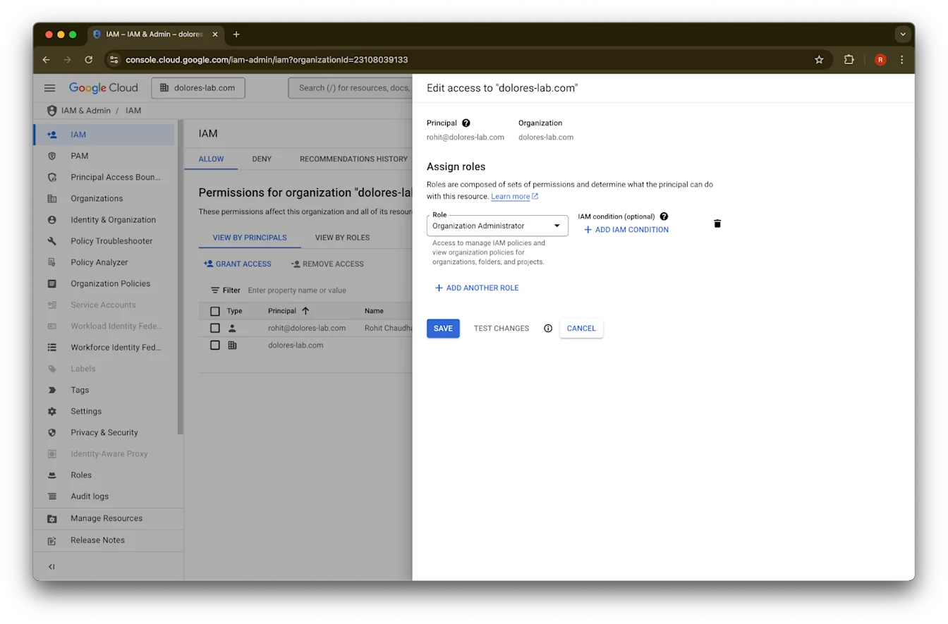 Google Cloud IAM dialog assigning the Organization Administrator role for dolores-lab.com