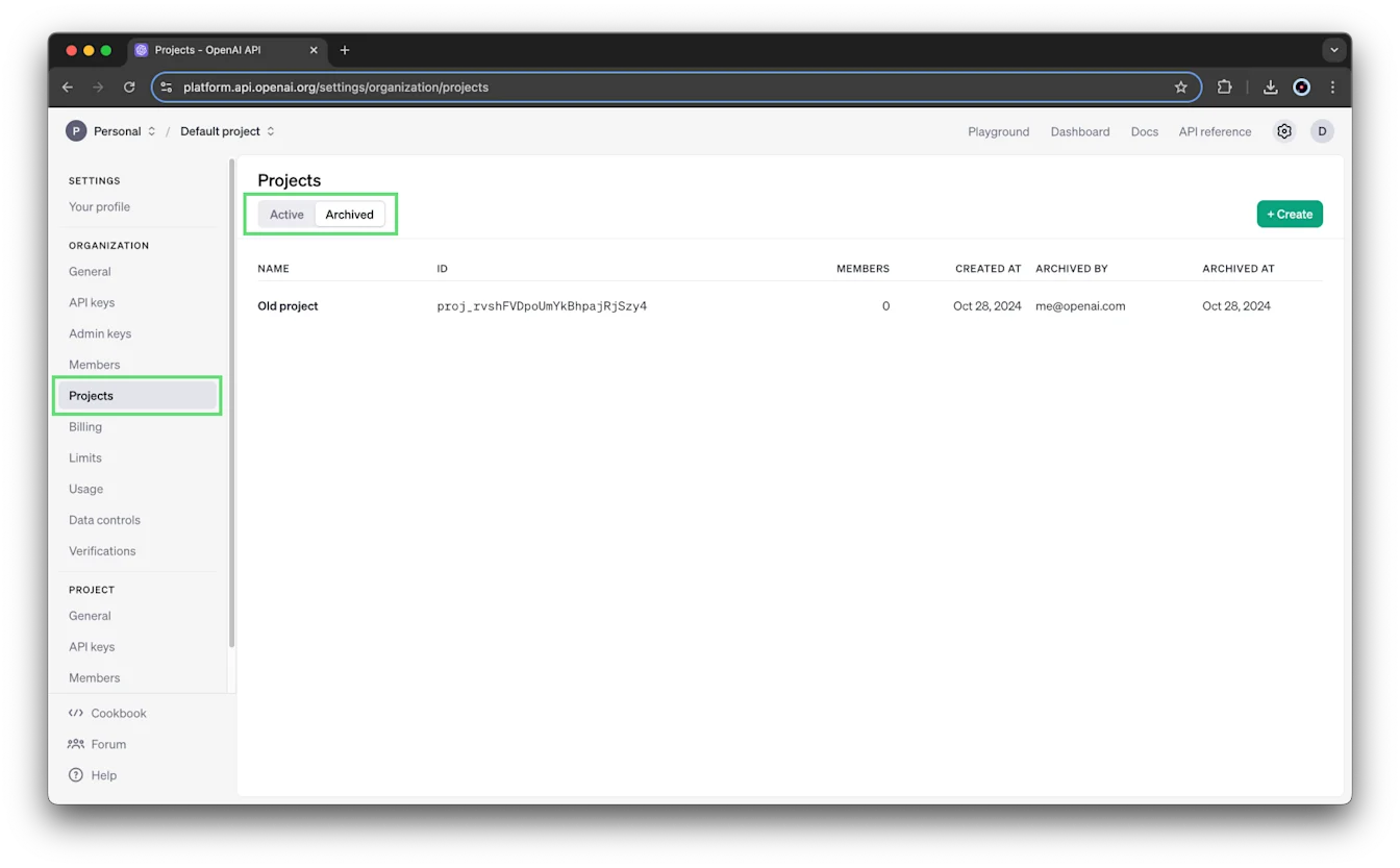 API platform Projects page with the Archived tab selected to view archived projects