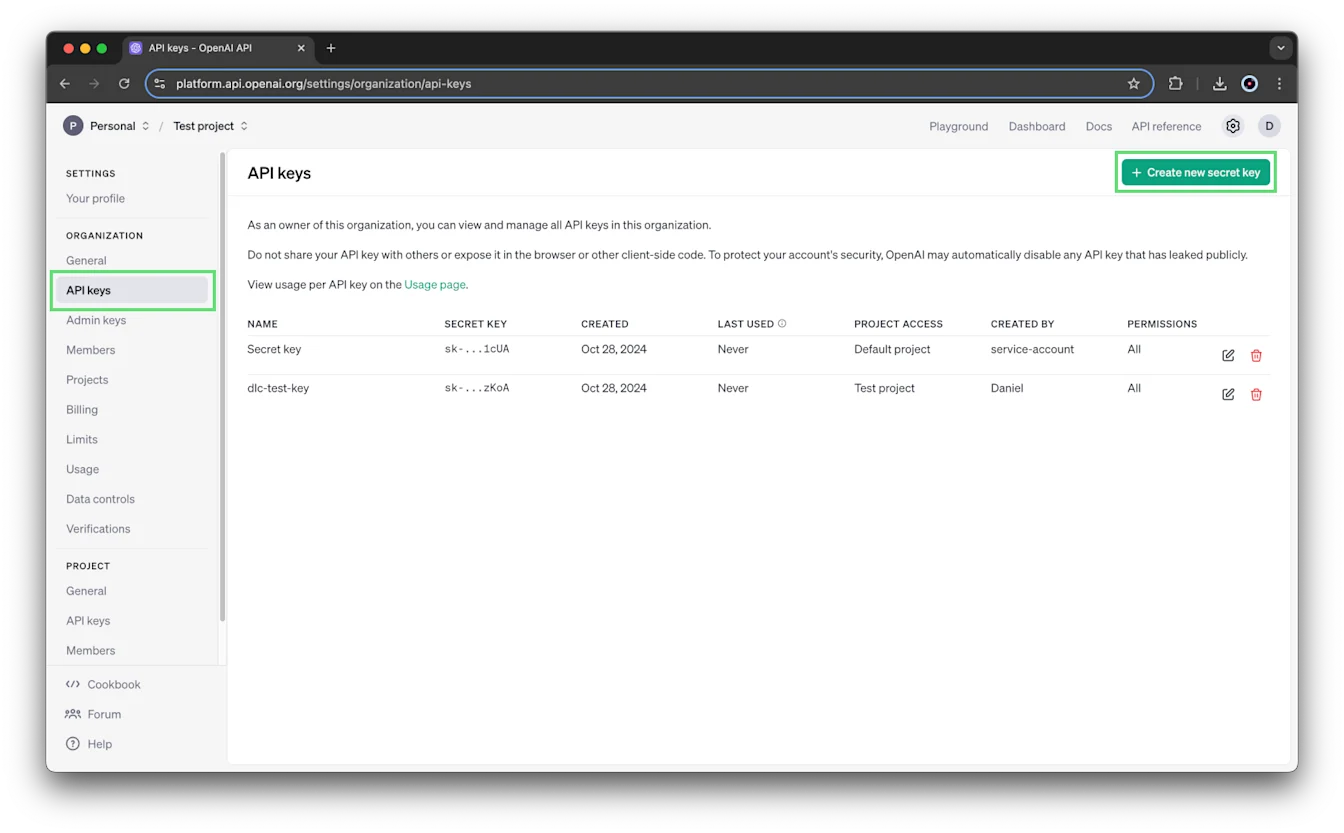API keys page for a project with the Create new secret key button highlighted