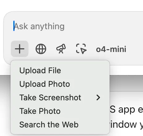 ChatGPT macOS composer plus menu with Take Screenshot option
