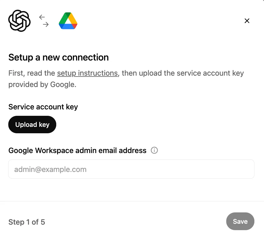 Google Workspace connection setup step prompting upload of a service account key and admin email address