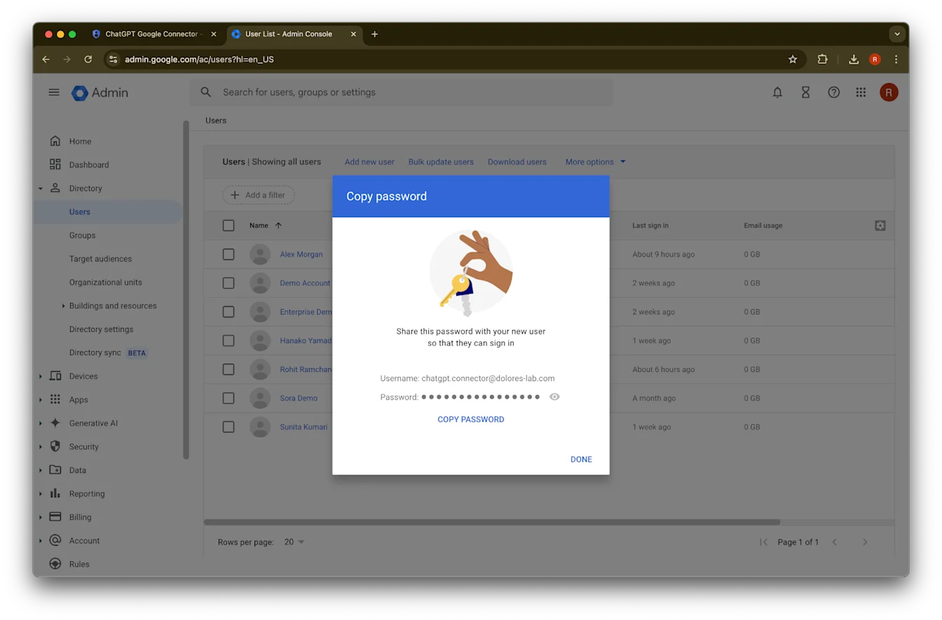 Google Admin console Copy password dialog for a newly created user account