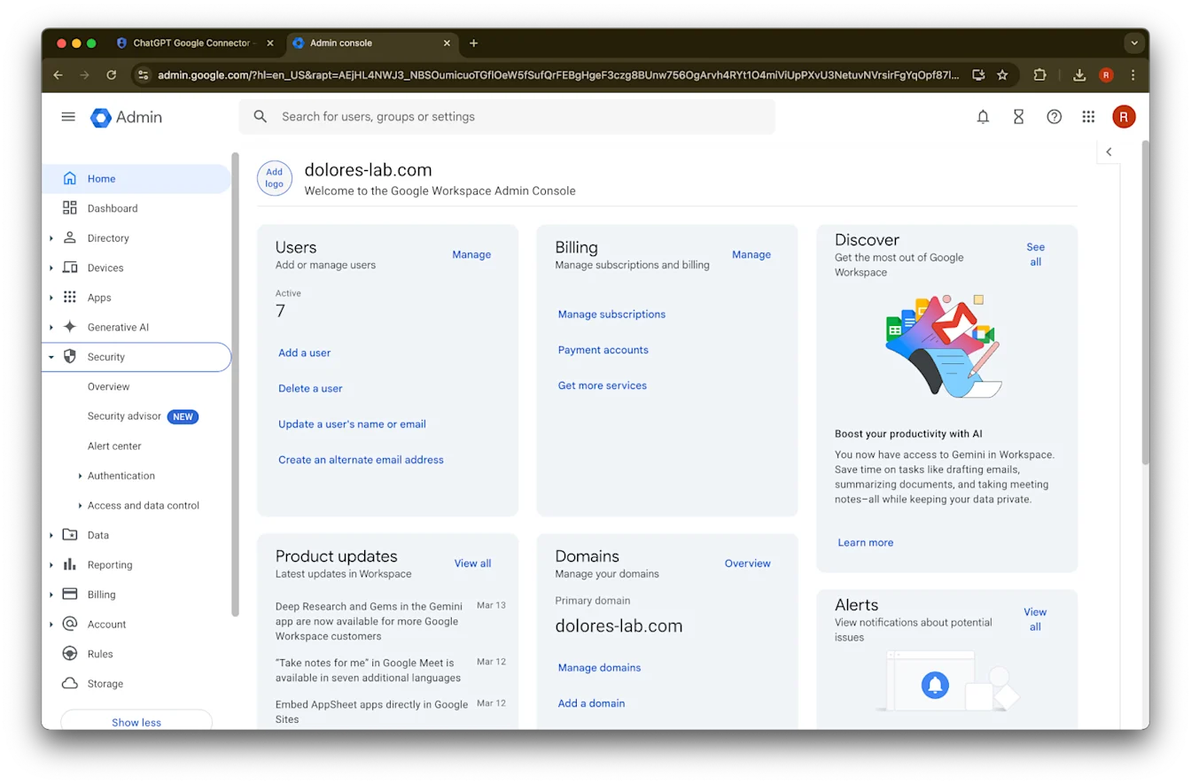 Google Workspace Admin console home with Security section expanded in the left navigation