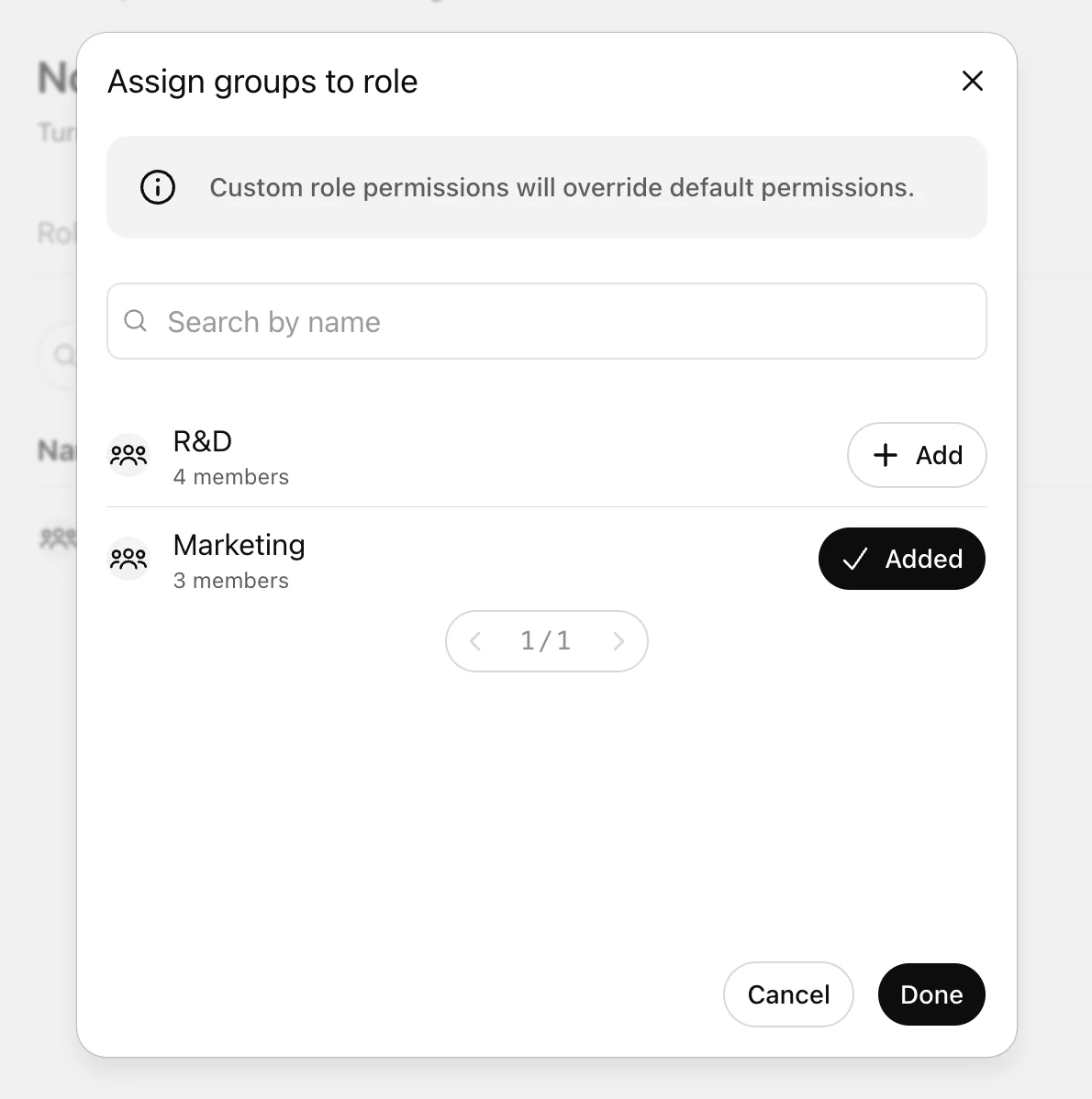 Assign groups to role dialog with Marketing added and R&D available to add