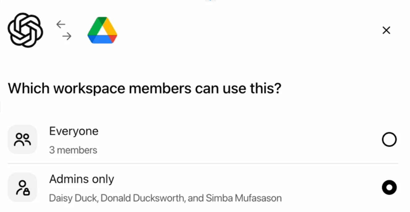 Google Drive connector permission set to Admins only for workspace members