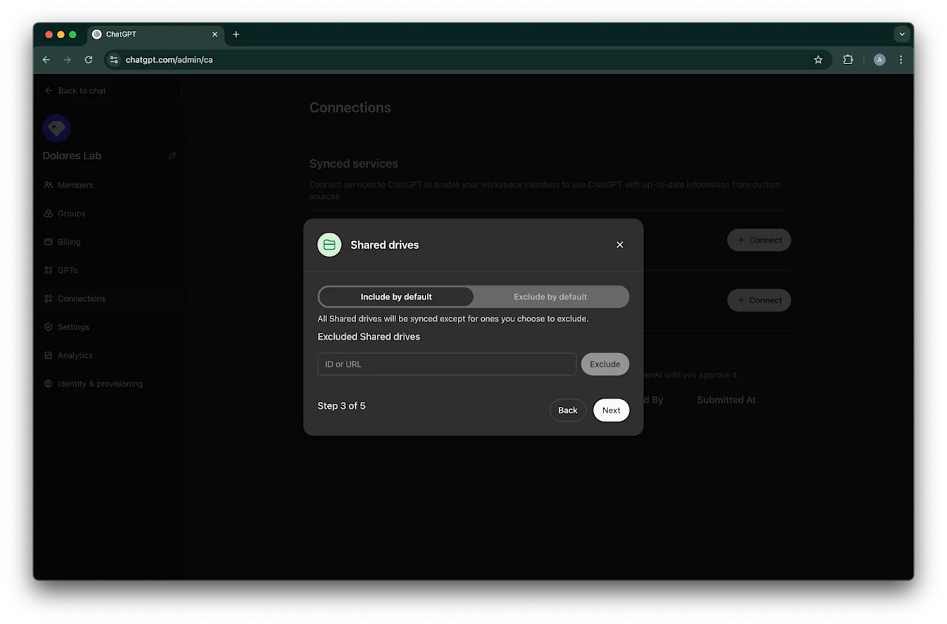 ChatGPT admin Shared drives setup with Include by default selected and an Excluded Shared drives field