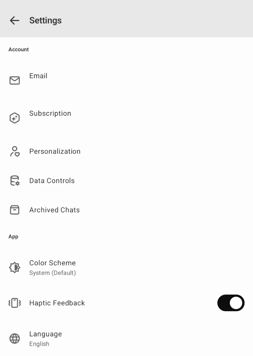 ChatGPT mobile Settings page with Language set to English