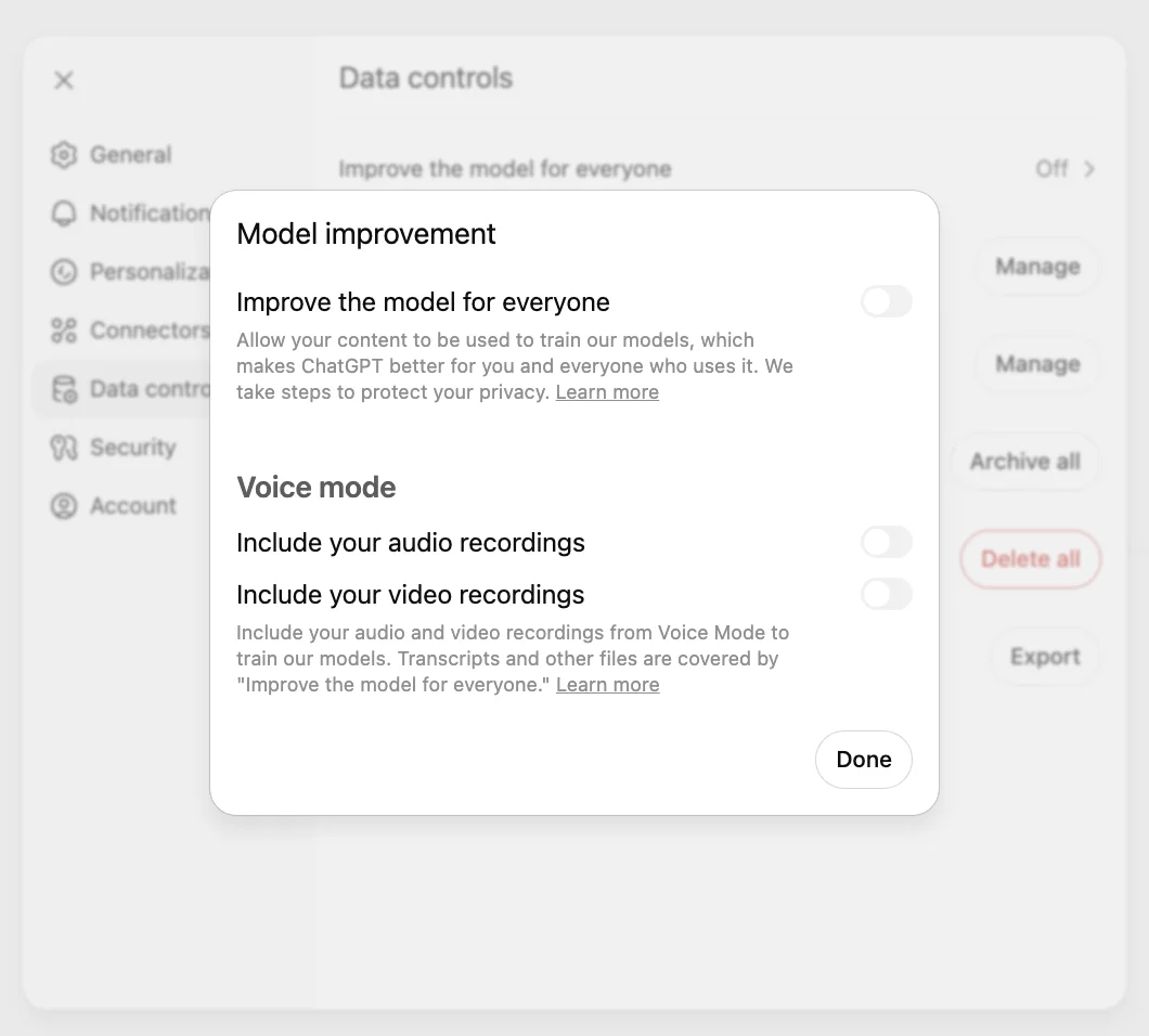 ChatGPT Data controls modal with Improve the model for everyone turned off