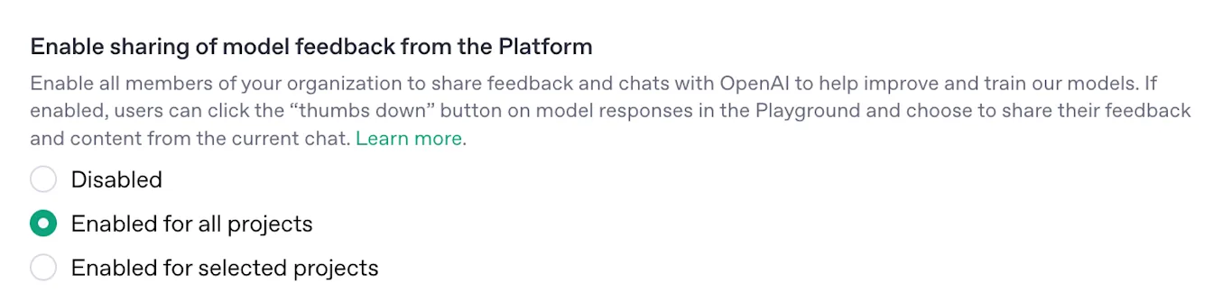 Platform setting to share model feedback enabled for all projects