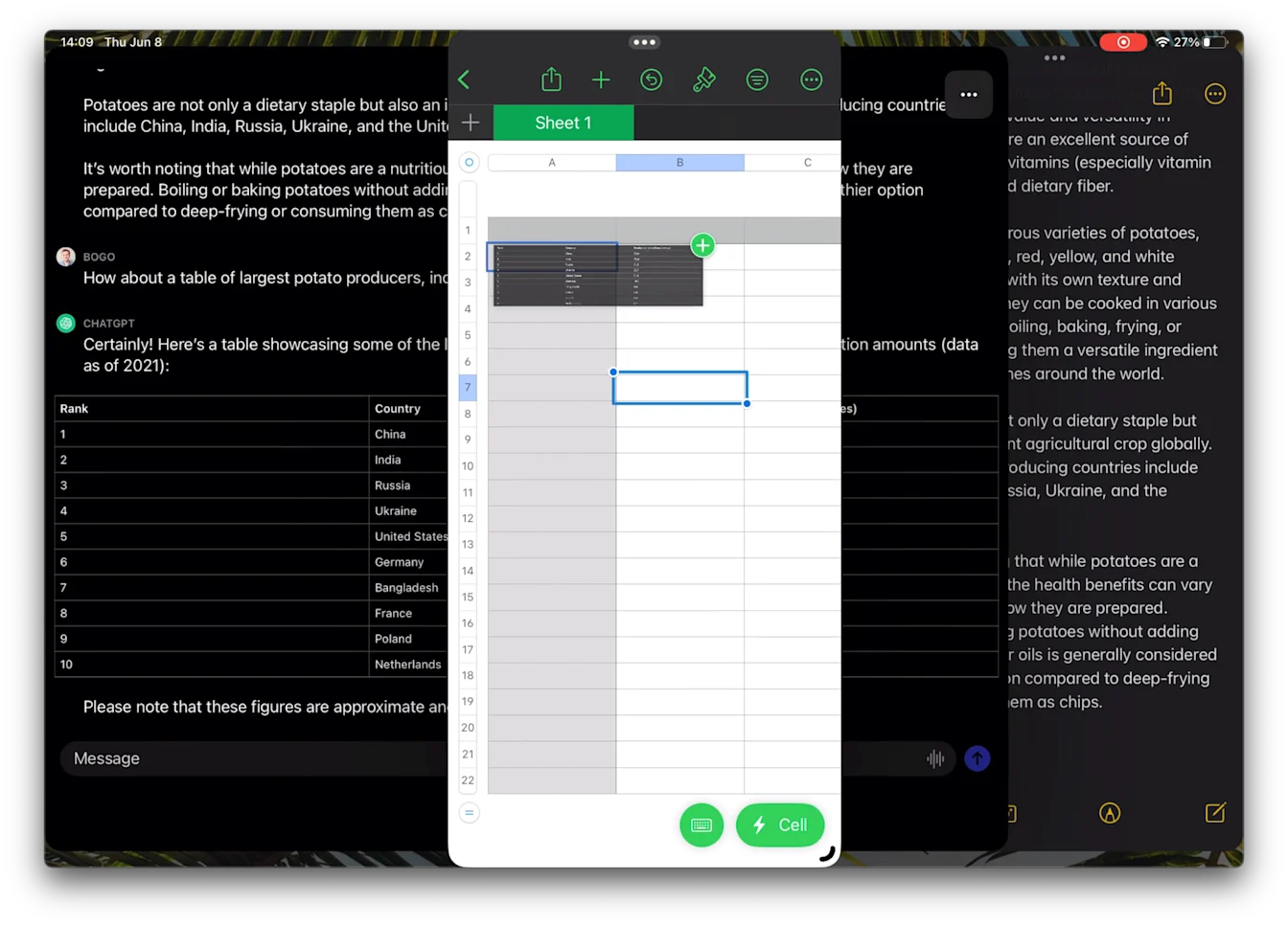 iPad Split View dragging a table from ChatGPT into a spreadsheet app